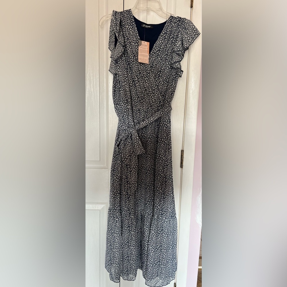 BTFVM Women Summer Bohemian Blue Floral Casual Wrap V-Neck Ruffle Midi Dress